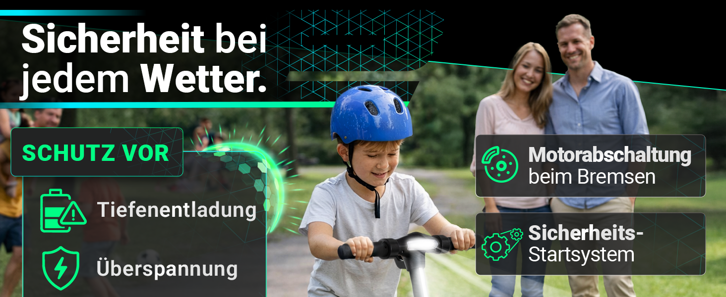 Sicherheit bei jedem Wetter Kinder E-Scooter mit Sicherheitsfunktionen wie Motorabschaltung beim Bremsen und Schutz vor Tiefenentladung